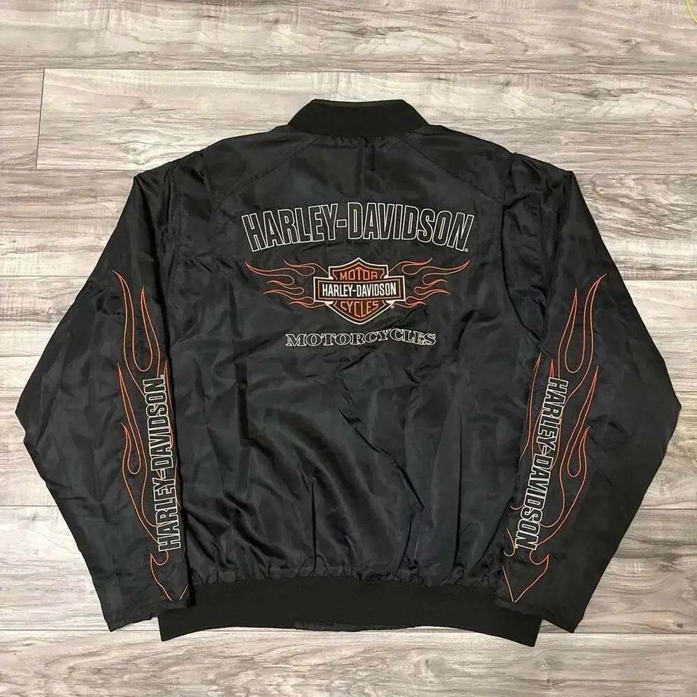 Harley-Davidson Genuine MotorClothes Black Nylon Flame Bomber Jacket Size L